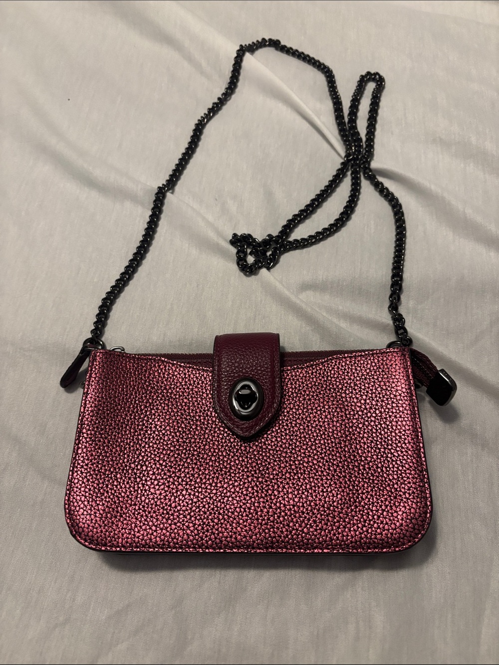 Coach Metallic Leather Turnlock Crossbody Berry Gunmetal Strap clutch wallet